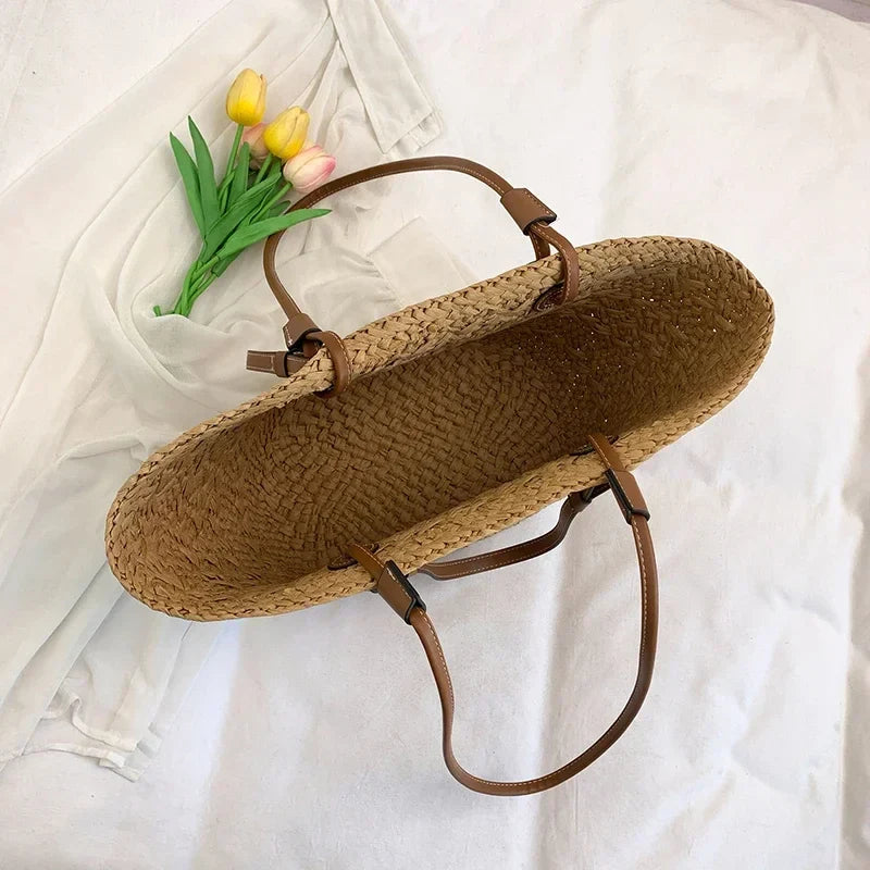 Summer Wicker Woven Basket Bags Rattan Women Handbags Handmade Summer Beach Straw Tote Bag Designer Shoulder Bag Khaki