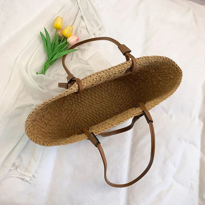 Summer Wicker Woven Basket Bags Rattan Women Handbags Handmade Summer Beach Straw Tote Bag Designer Shoulder Bag Khaki