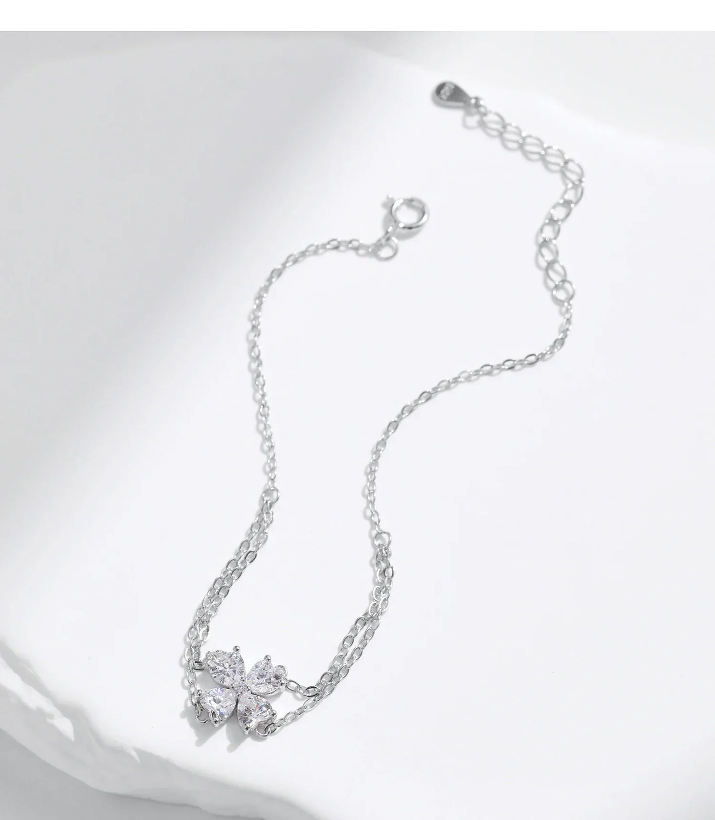 925 Sterling Silver Double Layer Flowers Hearts CZ Romantic Bracelet Luxury Adjustable Chain Link for Women Jewelry