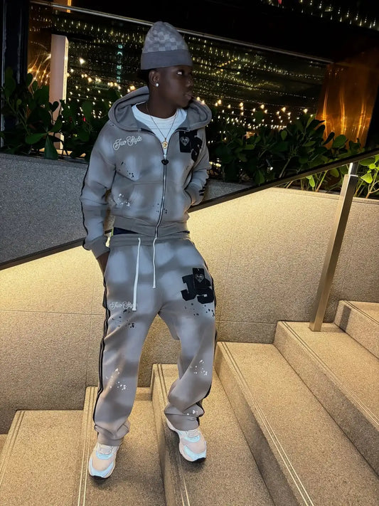 Y2K New Light Grey Classic Style Sports Set Street Hip Hop Stripe Fashion Set 2025 Men's Wear