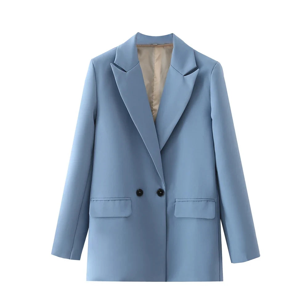 Women Chic Office Lady Double Breasted Blazer Vintage Coat Fashion Notched Collar Long Sleeve Ladies Outerwear Stylish Tops