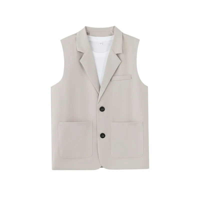 Summer Suit Vest Turn Down Collar Single-breasted Male Waist Sleeveless Pocket Versatile Business Casual Man Coat