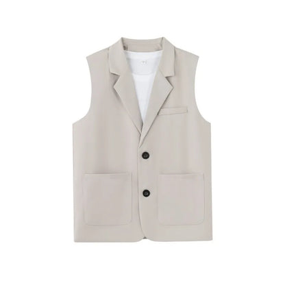 Summer Suit Vest Turn Down Collar Single-breasted Male Waist Sleeveless Pocket Versatile Business Casual Man Coat