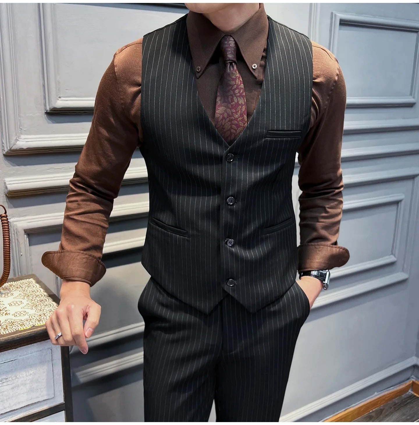 5XL-M( Vest + Pants) High-end Brand stripe Suit Vest 2 pieces Men Luxury Fashion Groom Wedding Vest Set Male Club Party Clothing