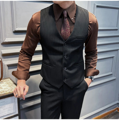 5XL-M( Vest + Pants) High-end Brand stripe Suit Vest 2 pieces Men Luxury Fashion Groom Wedding Vest Set Male Club Party Clothing