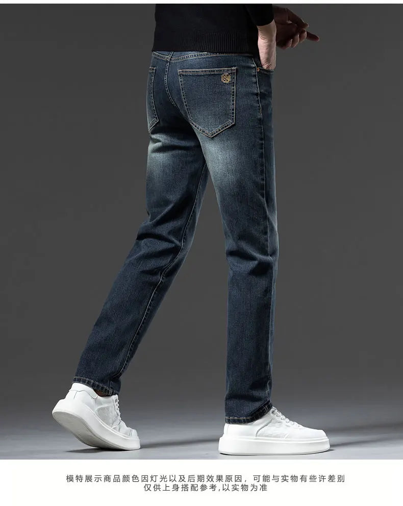 2025 New High-end High-quality Denim Double-core Cotton Elastic Jeans Retro Nostalgic Men's Straight-fit Trousers