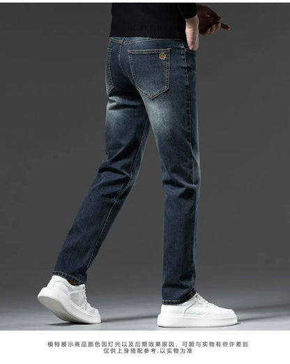 2025 New High-end High-quality Denim Double-core Cotton Elastic Jeans Retro Nostalgic Men's Straight-fit Trousers