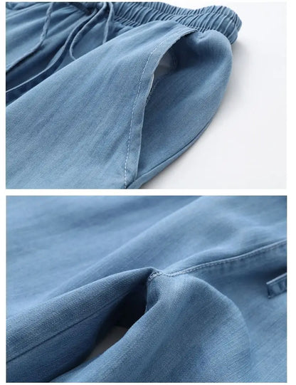 Women's Pants Summer Drawstring Wide-leg Pants Cotton Blue Calf-Length Jeans Pants Mom Elastic Waist Straight Pants Women