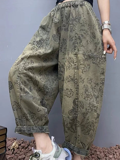 2025 Floral Spring Ladies Printed Classic Elegant Harem Pants Casual Fashion Jeans Vintage Loose Women Denim Trousers