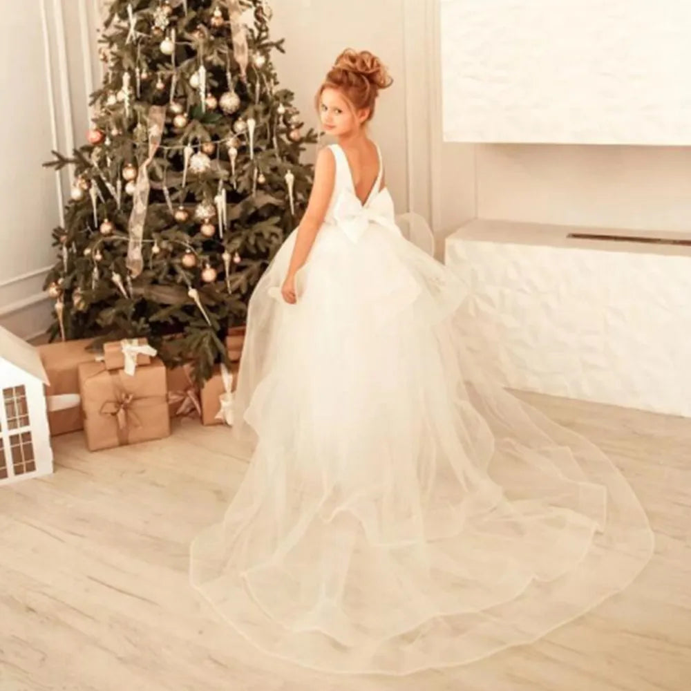Cute Flower Girl Dresses for Wedding Big Bow Appliques Long Little Pageant Gowns Girls White Tulle First Communion Gowns