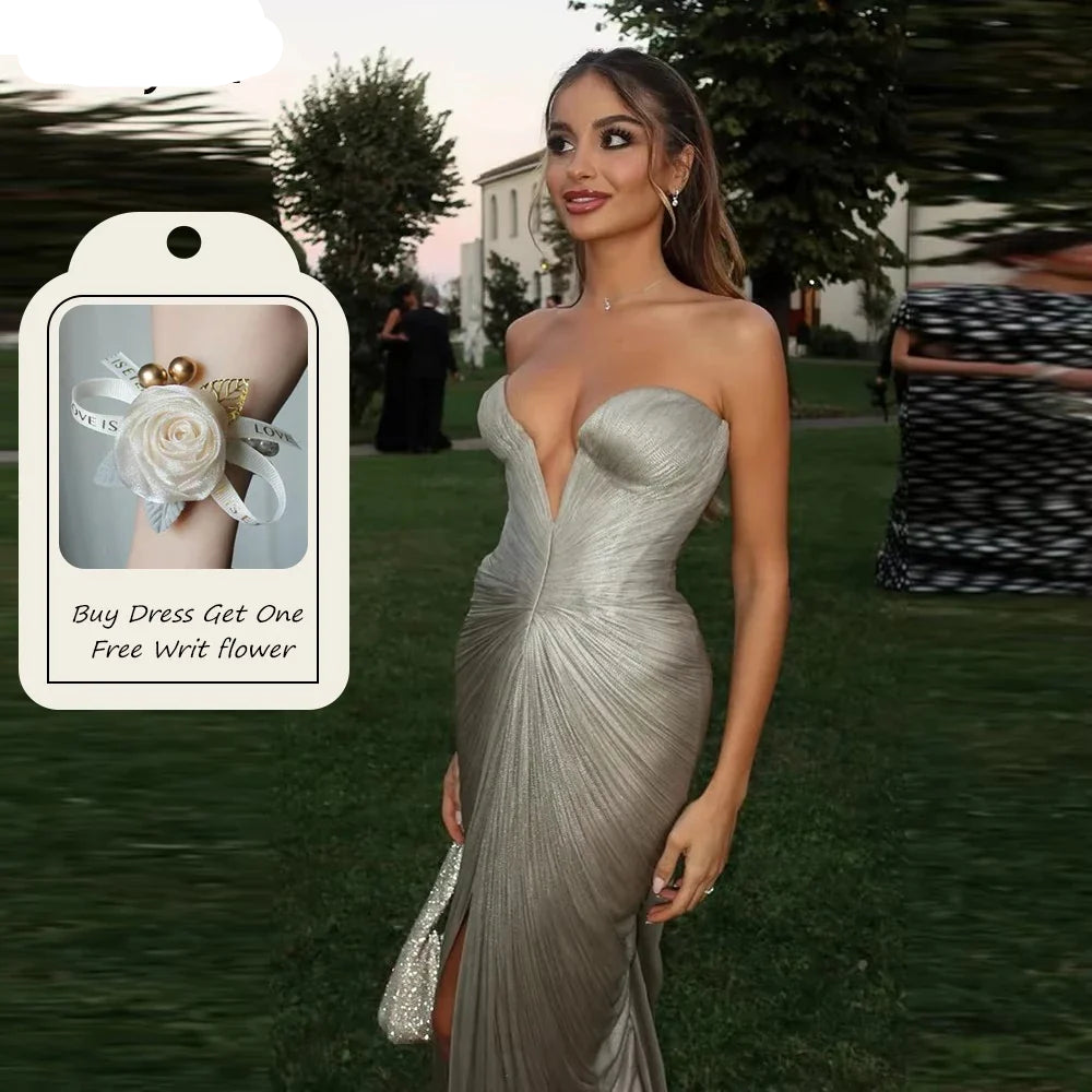 Mermaid Arab Glitter Satin Prom Dress Sleeveless Sweetheart Evening Dresses Split Prom Gown Robe De Soirée Customized
