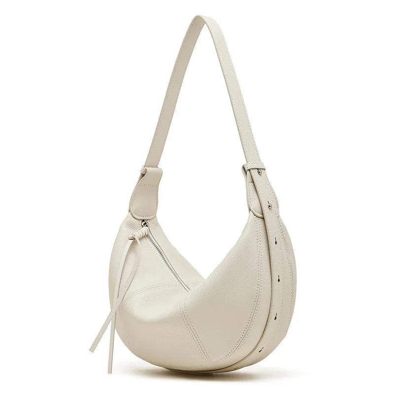 2025 New Top Grain Leather Croissant Dumpling Bag Unique Solid Color Shoulder Crossbody Bag Women Practical Commuting Handbag