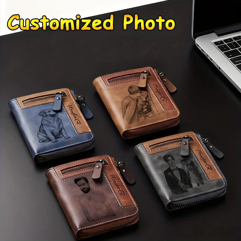 Customized Photo Men Retro Short Wallet Engraved Picture Zipper PU Leather Coin Purse High Quality Credit Card Holder Ideal Gift