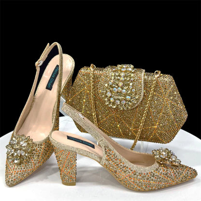 Elegant Woman Heel Shoes INS Style Pointed-Toe Rhinestone Pumps African Ladies Italian Shoe and Bag Set Designer 2024