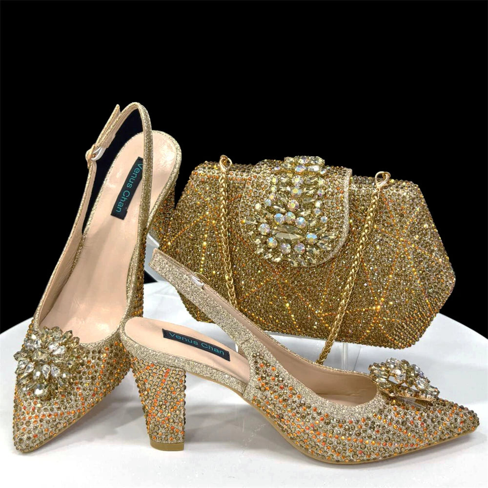 Nigerian Women Heel Party Ladies Italian Design Shoes And Bag Set Decorated with Rhinestone Handbag Wedding Party