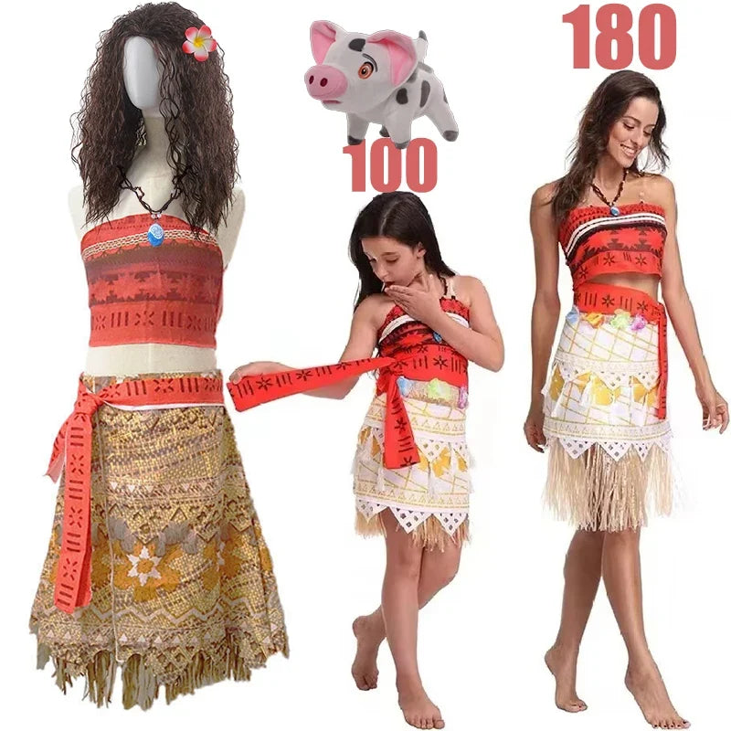 Disney Ocean Adventure Adult Kids Role Playing Vaiana Moana Princess Costume Dress Moana Necklace Pig Girls Mom Party Halloween