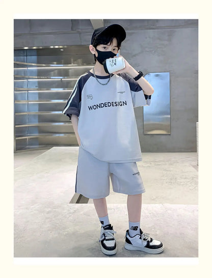 Summer Boys Cotton Loose Contrast Alphabet T-Shirt Tops+Shorts Pant School Kids Tracksuit Child 2PCS Outfit Workout Set 5-16 Yr
