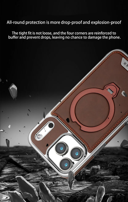 Magnetic Rotat Bracket Luxury Leather Phone Case,For iPhone 11 12 13 14 15 16 17 Pro Max Plus Wireless Charging Shockproof Cover