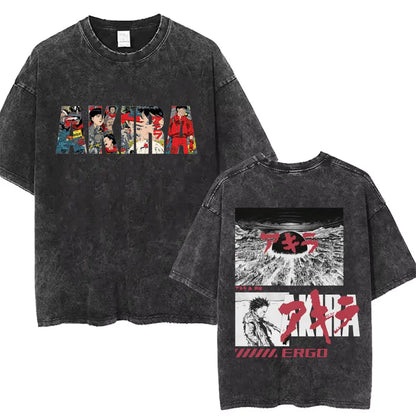 Washed Vintage Anime Akira T Shirts Japanese Science Fiction Cartoon Movie Shotaro Kaneda T-shirt Men's Manga Oversized T-shirts