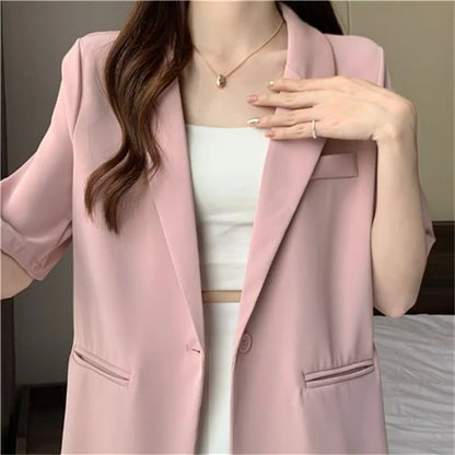 2026 Female Short Sleeved Suit Coat Women Summer Loose Fitting Solid Color Blazer Jacket Ladies Korean Leisure Tops Outerwear
