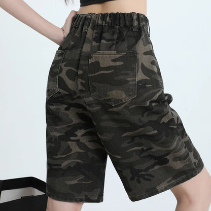 Women's High Waist Loose Straight Leg Camouflage Denim Shorts Korean Y2K Spring Summer Streetwear Five-Point Jeans