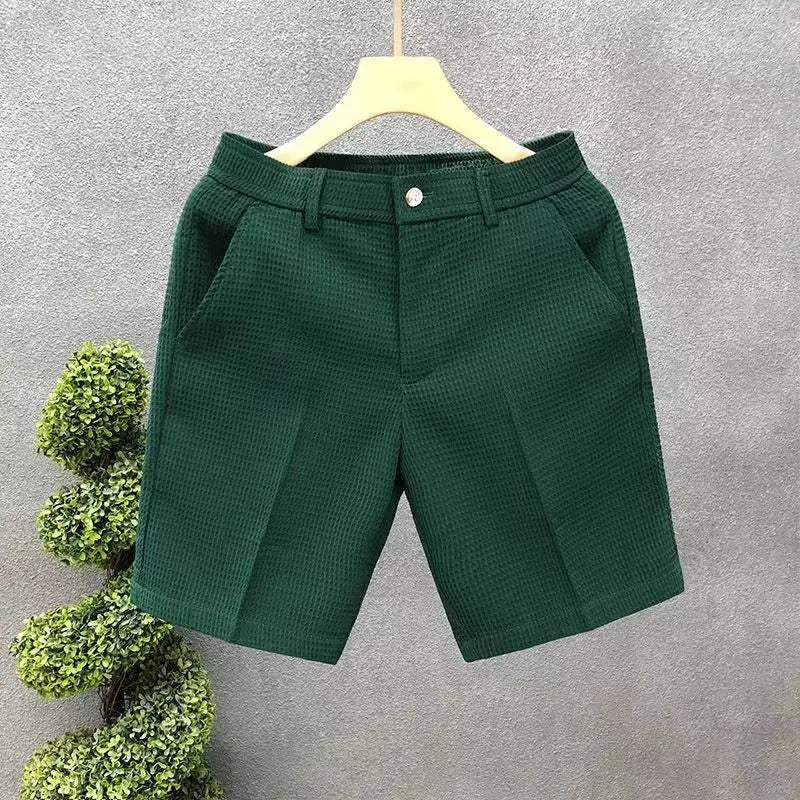 Men's Shorts Plaid Texture Solid Straight-leg Business Social Elastic Waist Button Short Pants Loose Knee Length Casual Short