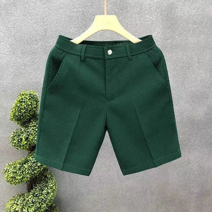 Men's Shorts Plaid Texture Solid Straight-leg Business Social Elastic Waist Button Short Pants Loose Knee Length Casual Short