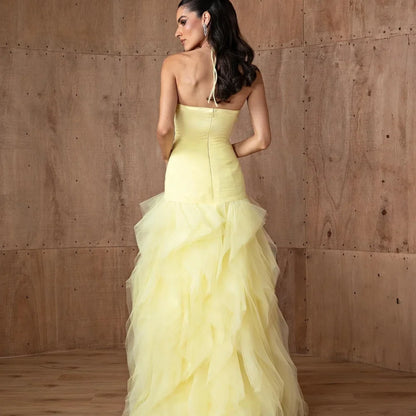 Customized Yellow Halter Neck Multi-Layered robes de soirée Mesh Fabric A-line Party Dresses Floor-Length Prom Dress 2025