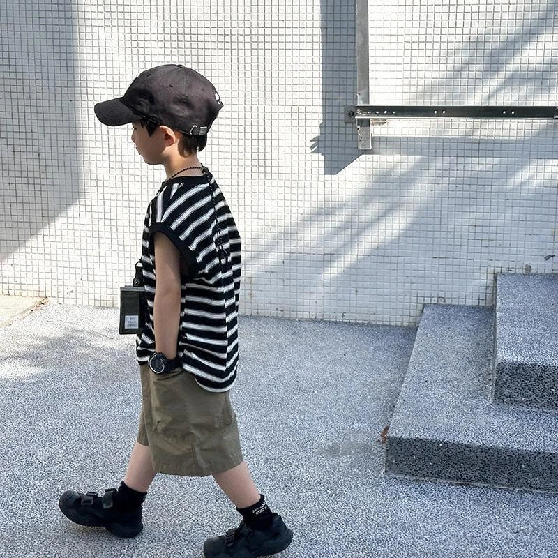 Striped Sleeveless Vest Children Clothing Top and Bottom Clothing Set Fashion 8 14 Years Children's Suit for Boy Clothes Outdoor