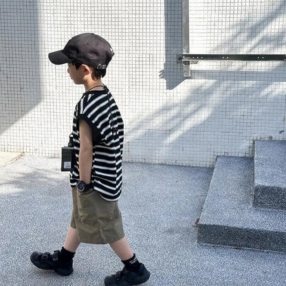 Striped Sleeveless Vest Children Clothing Top and Bottom Clothing Set Fashion 8 14 Years Children's Suit for Boy Clothes Outdoor