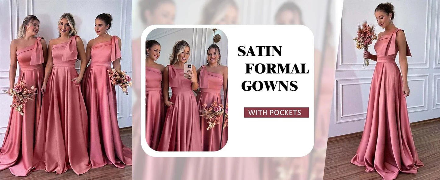 One Shoulder Large Bow Bridesmaid Dress with Pleated Satin and Pockets Simple ,Stylish Ball Dressadies' Guest One Shoulder Dress