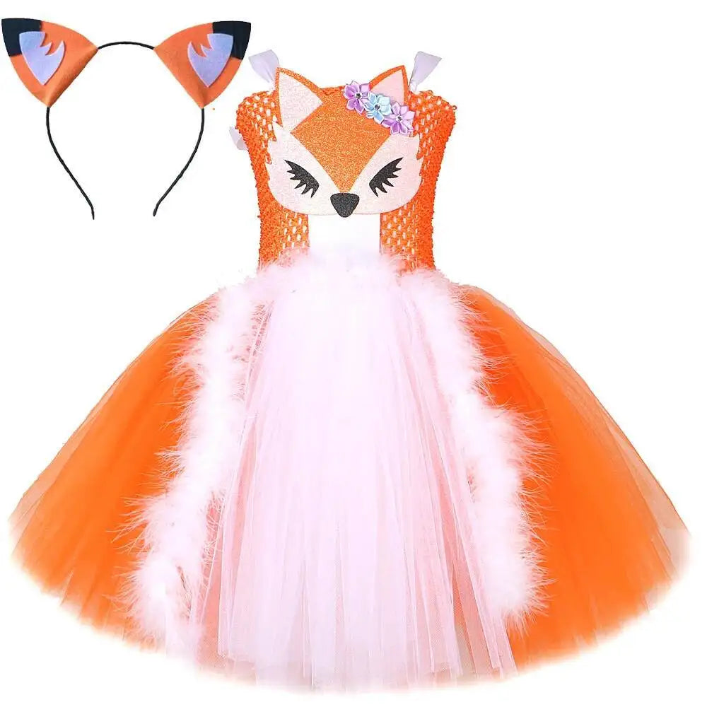 White Orange Fox Halloween Costumes for Girls Kids Animal Fancy Tutu Dress with Ears Children Birthday Carnival Party Outfits