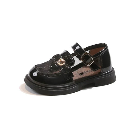 Toddler Girls Elegant Glossy Mesh Mary Jane Flats Flower Buckle Strap Heart Pattern Chunky Sole Comfortable Party School Shoes