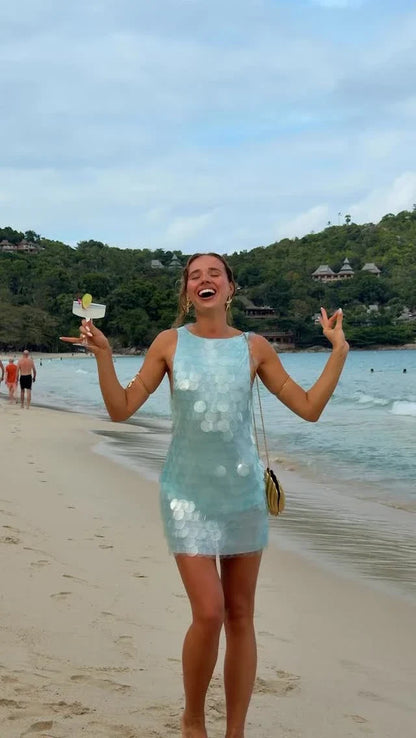 Fashion Sequin Mini Dress Women Sexy O-neck Sleeveless Backless Waist-cinching Slim Dresses 2026 Summer Lady Vacation Robe