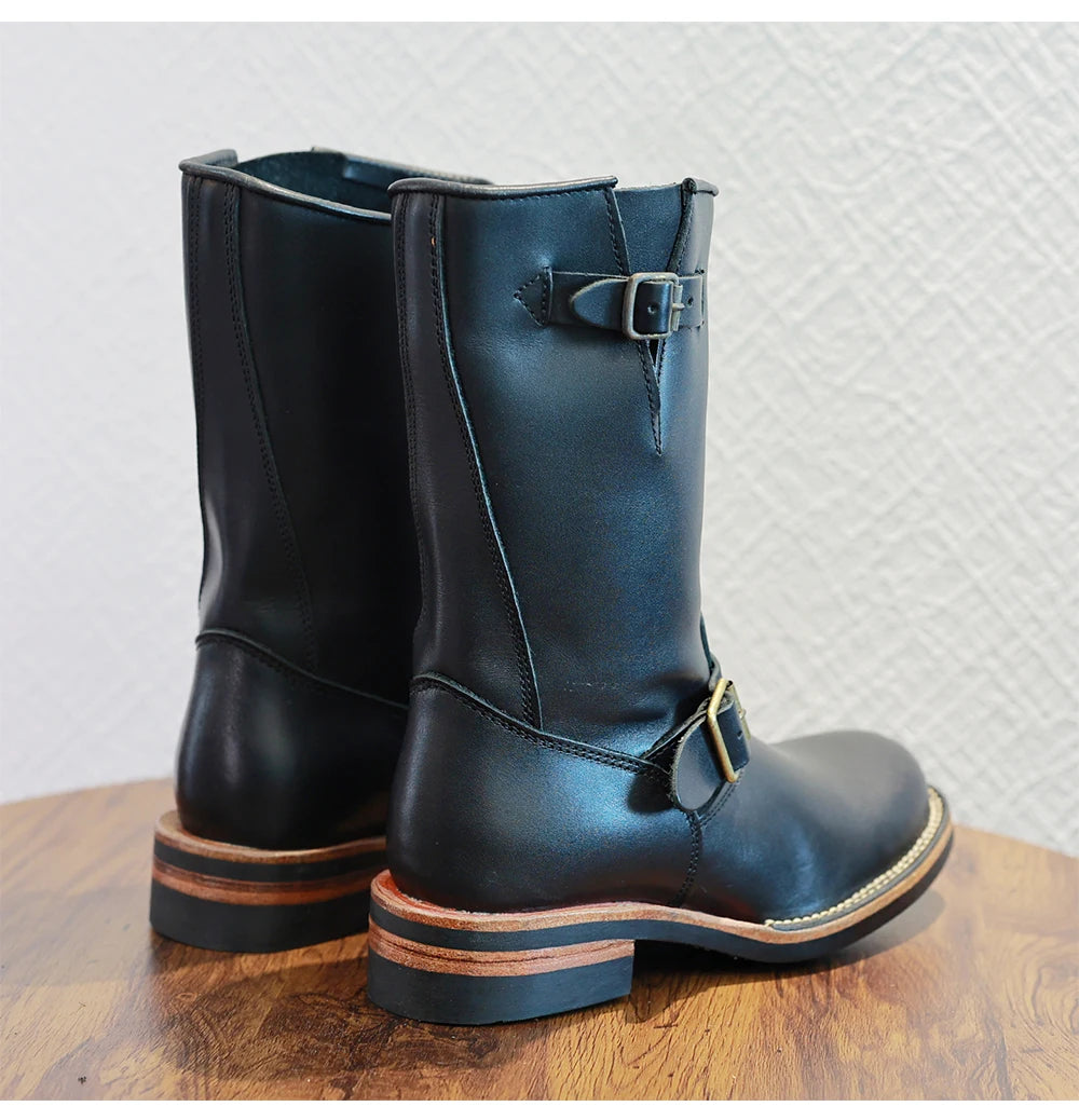 Retro American Motorcycle Boots Long Tube Genuine Leather Engineer Boots Men Knight Style Boots Outdoor Youth Fashion Boots