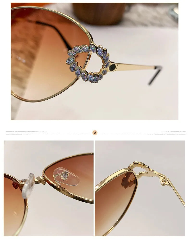 2026 Women Elegant Oval Metal Frame Cat Eye Sunglasses Hollow Rhinestone Wreath Temple UV Protection Gradient Lens Sun Shades