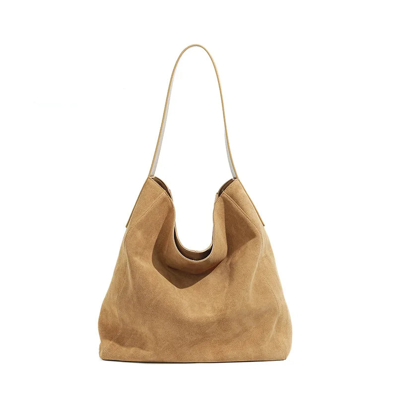 2025 Women's Frosted Leather Tote Bag Large Capacity Soft Suede Bucket Handbag Lady Minimalist Underarm Hobo Shoulder Bag