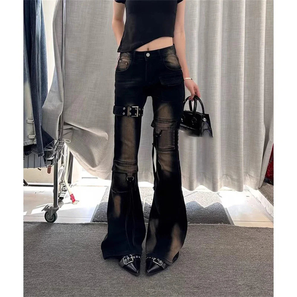 2025 Autumn Winter Women's Denim Pants High Waist Cargo Jean Goblin Core Kpop Bell Bottom Japanese Y2k Stretch 2000s Jeans Gyaru