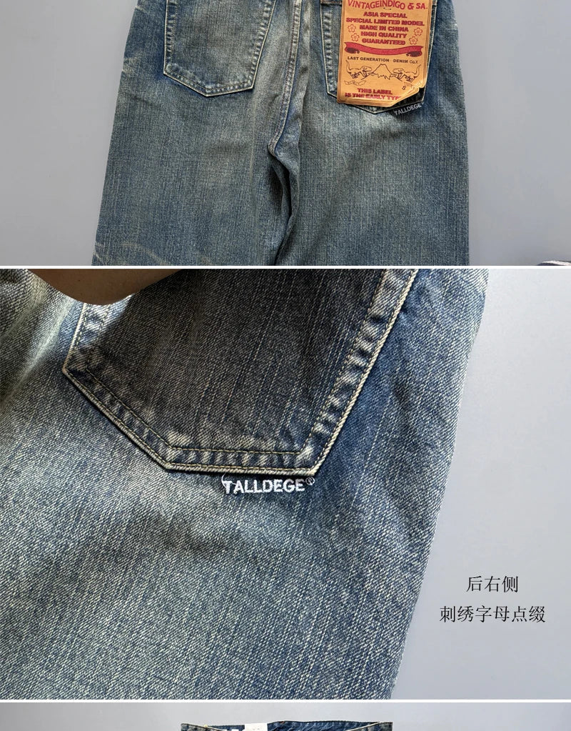 13.5oz Men's Japanese Indigo Blue Selvedge Straight Leg Denim Jeans for Men Artisan Vintage Spring Washed with Raw Hem Detailing
