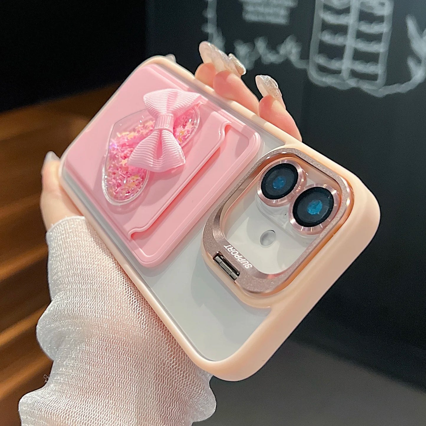 Luxury Metal Stand Exquisite Heart Card Bag Shock Proof Case for iPhone 17 16 15 14 13 12ProMax Plus Send camera protective film