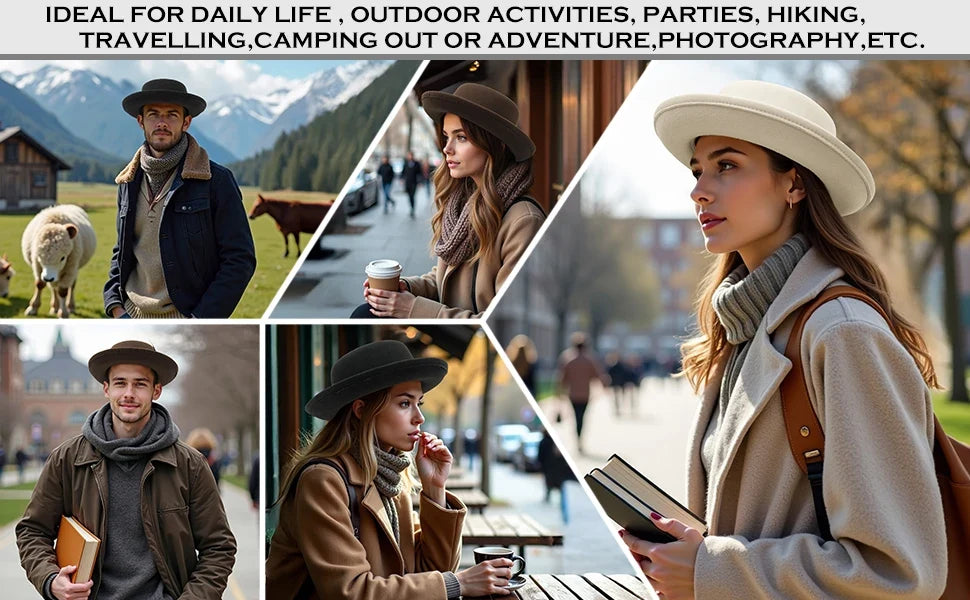 Autumn Winter Pork Pie Fedora Hat for Women Men Soft Felt Curved Brim Porkpie Hats with Hatband Feather
