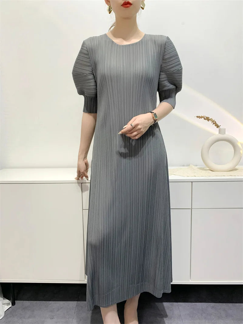Miyake Pleated Dress 2024 Summer New Round Neck Loose and Comfortable A-line Short Sleeve Maix Dress