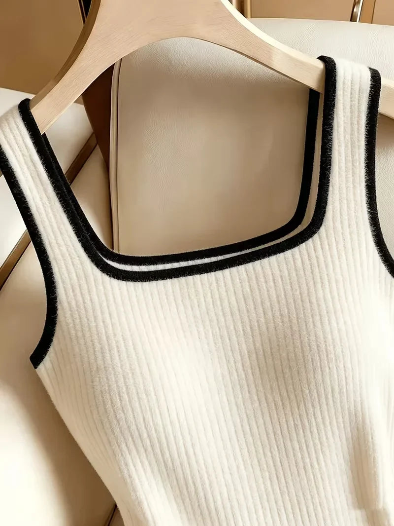 3pcs Women's Ribbed Bodysuit Set Fashionable Black Piped Square Neck Waist-Cinching Style Summer Nightlife Wear Elegant Beach Ou