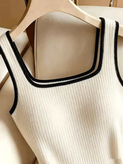 3pcs Women's Ribbed Bodysuit Set Fashionable Black Piped Square Neck Waist-Cinching Style Summer Nightlife Wear Elegant Beach Ou