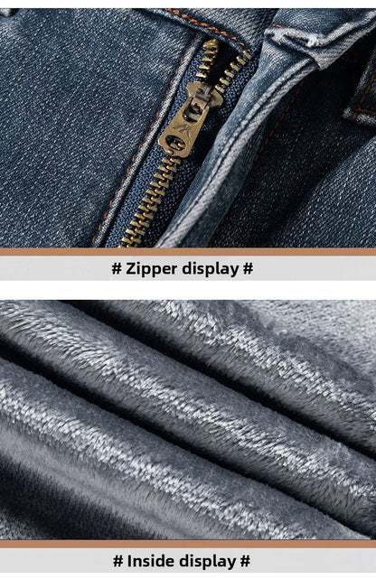 Winter Warm Men's Jeans Fleece Thickened Elastic Smoke Gray Black Business Straight Casual Denim Pants Brand Man PlushClothes