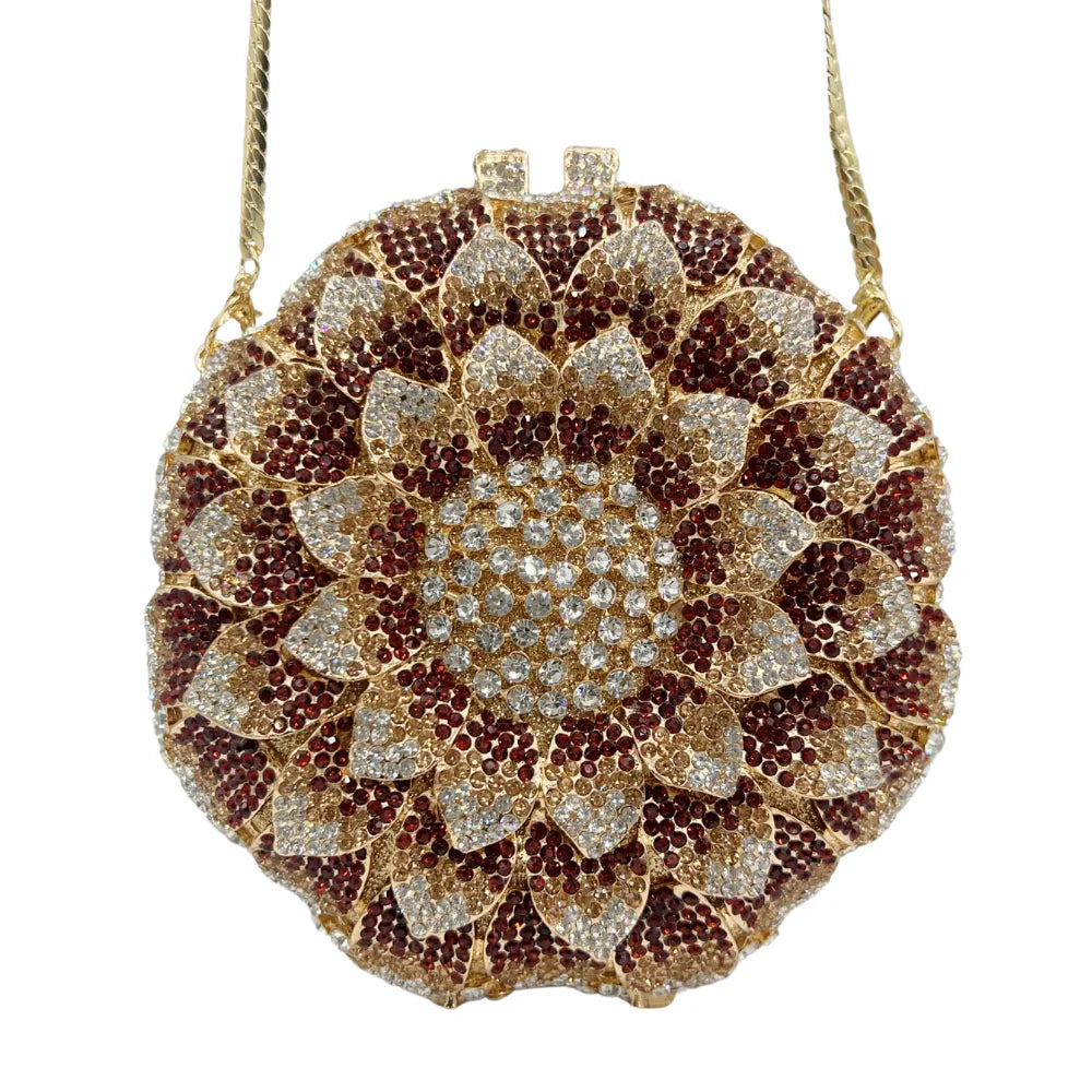 Hot-selling Luxury Sunflower-shaped Hollow Full-paved Sparkling Beaded Crystal Women's Wedding Evening Bag.