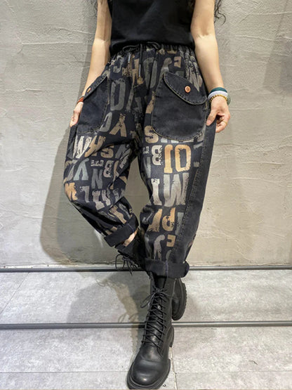 Korean Design Womens Printed Loose Jeans Fall Fashion Letter Elastic Denim Pants Ladies Leisure Punk Harem Trousers