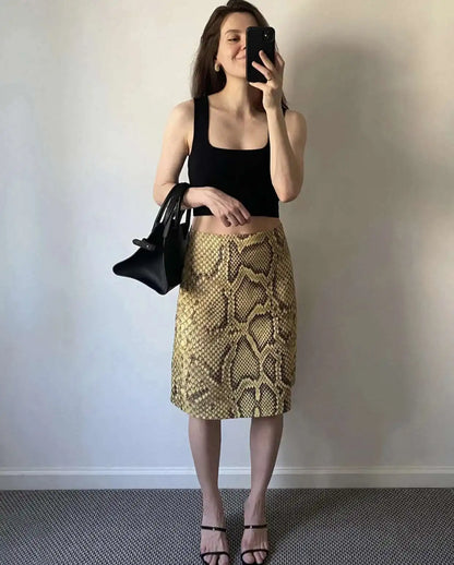 Snakeskin Printed Fashion Skirt Women's High Waist Slim Contrast Patchwork Commute Streetwear Female Vintage Y2k Skirt DDX8