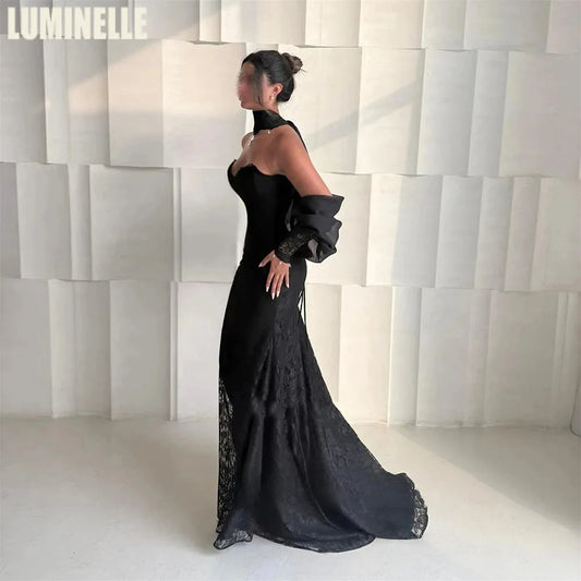 Customized Wedding Party Dresses Elegant Black Lace Formal Occasion Halter Bubble Sleeve Sheath Sexy Cocktail Dress for Women