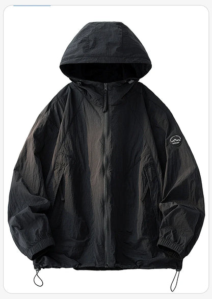 UPF50+ Men's Hooded Sunscreen Jacket Summer Ultra Thin Zipper Pocket Windbreaker Elastic Cuffs Outdoor Hiking Fishing Skin Coats
